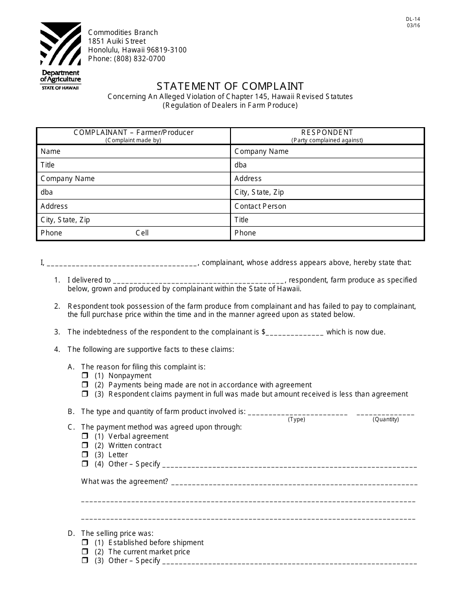 Form DL-14 Statement of Complaint - Hawaii, Page 1