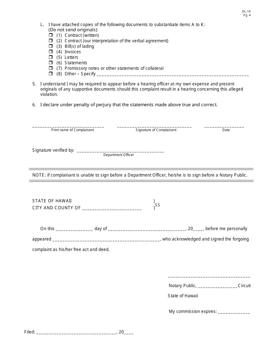 Form DL-14 Statement of Complaint - Hawaii, Page 4