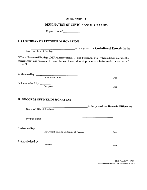 HRD Form OPF-I Attachment 1 Designation of Custodian of Records - Hawaii