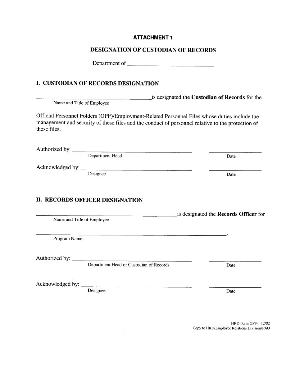 HRD Form OPF-I Attachment 1 Designation of Custodian of Records - Hawaii, Page 1