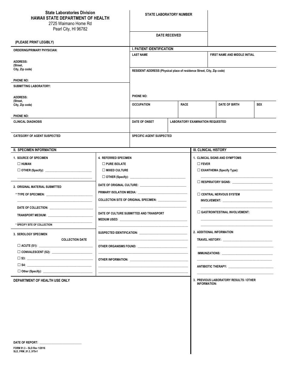 Form 81.3 Clinical Specimen Submission Form - Hawaii, Page 1