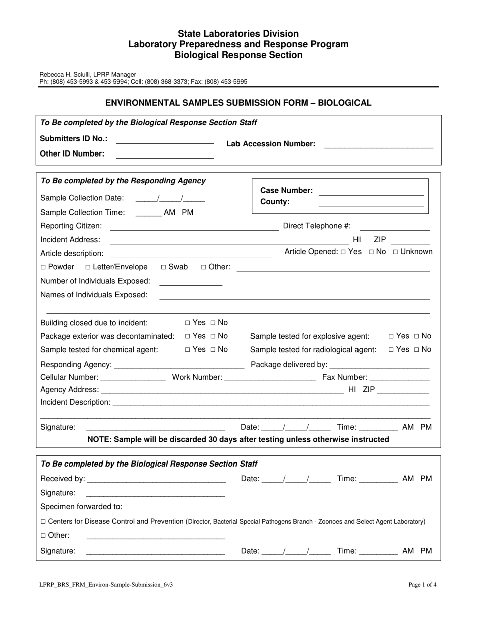 Environmental Samples Submission Form - Biological - Hawaii, Page 1