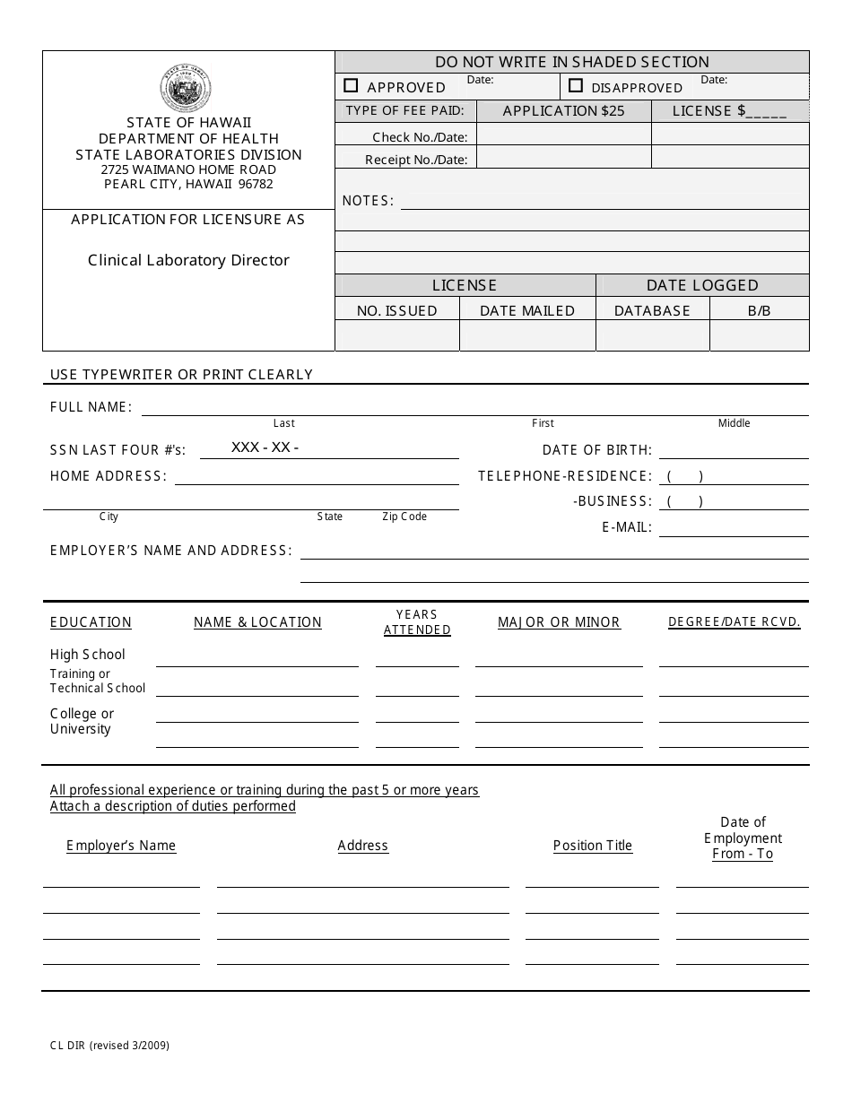 Form CL DIR Application for Licensure as Clinical Laboratory Director - Hawaii, Page 1