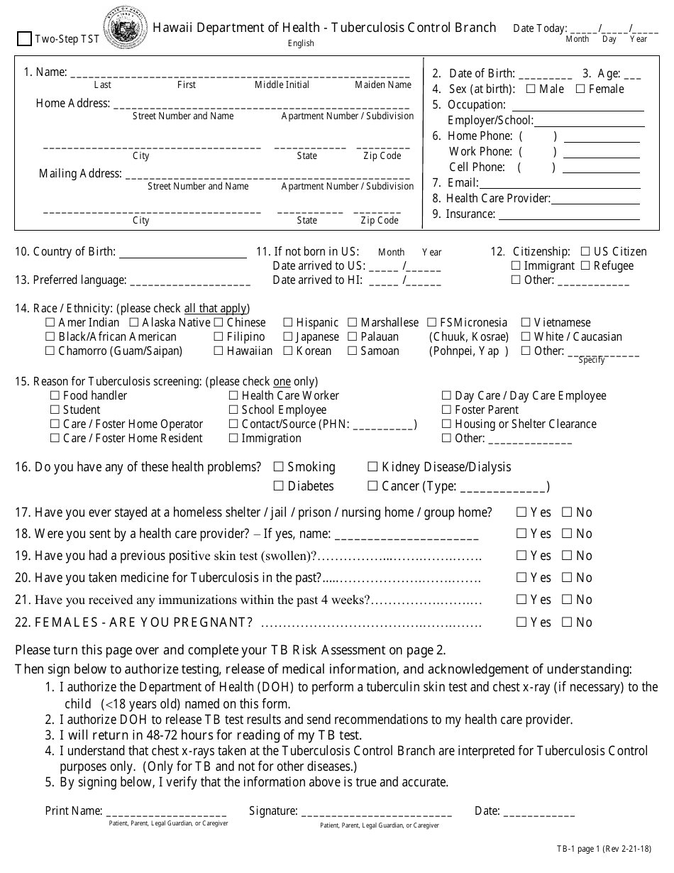 Form TB-1 Registration Form - Hawaii, Page 1