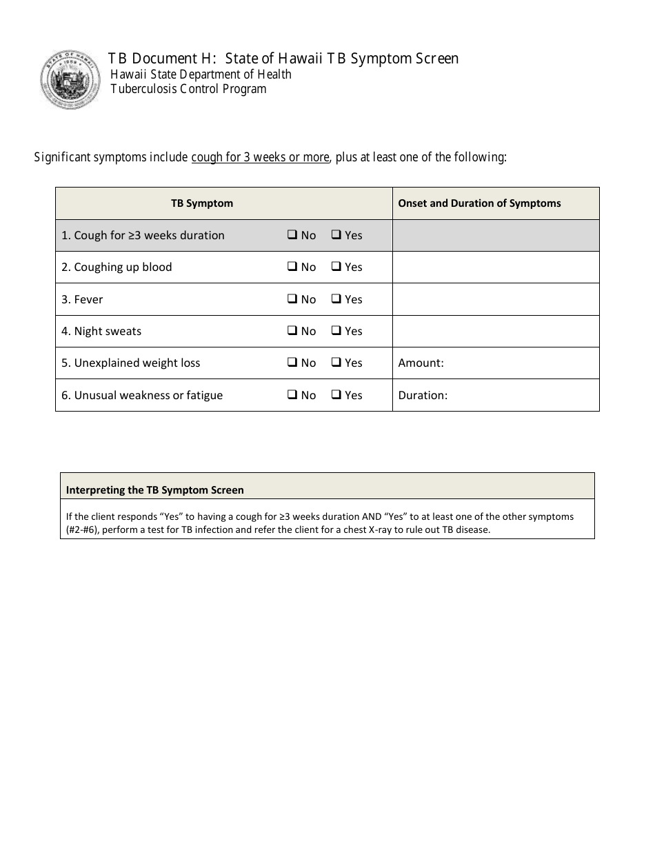 hawaii tb document h state of hawaii tb symptom screen form download printable pdf templateroller