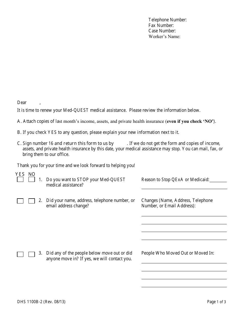 Form DHS1100B-2 Medical Assistance Renewal Form for Magi-Excepted Households Form - Hawaii, Page 1