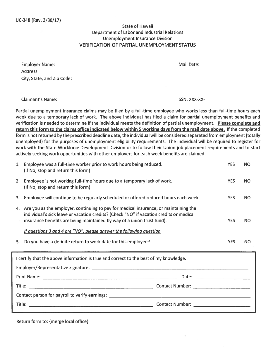 Form UC-348 Verification of Partial Unemployment Status - Hawaii, Page 1