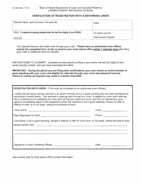 Form UC-226 Verification of Registration With a Referring Union - Hawaii
