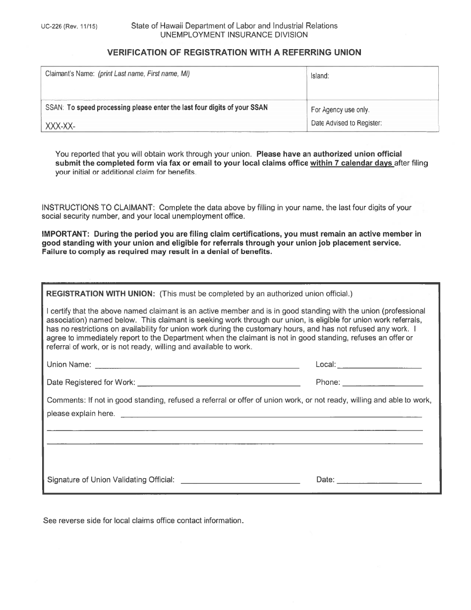 Form UC-226 Verification of Registration With a Referring Union - Hawaii, Page 1