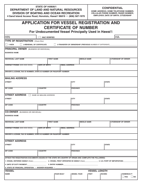 Application for Vessel Registration and Certificate of Number for Undocumented Vessel Principally Used in Hawai'i - Hawaii Download Pdf