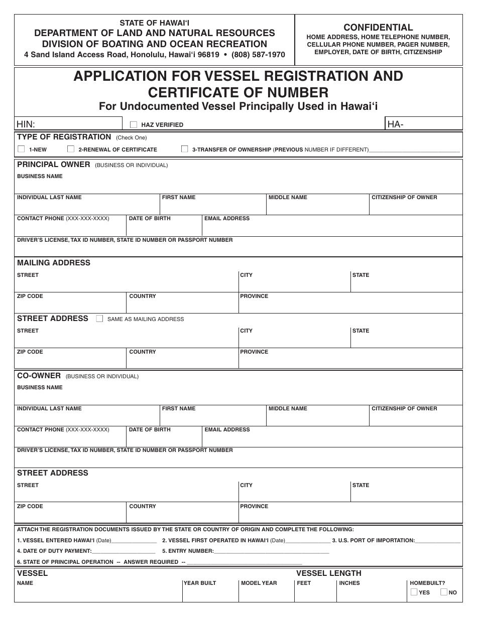 Application for Vessel Registration and Certificate of Number for Undocumented Vessel Principally Used in Hawaii - Hawaii, Page 1