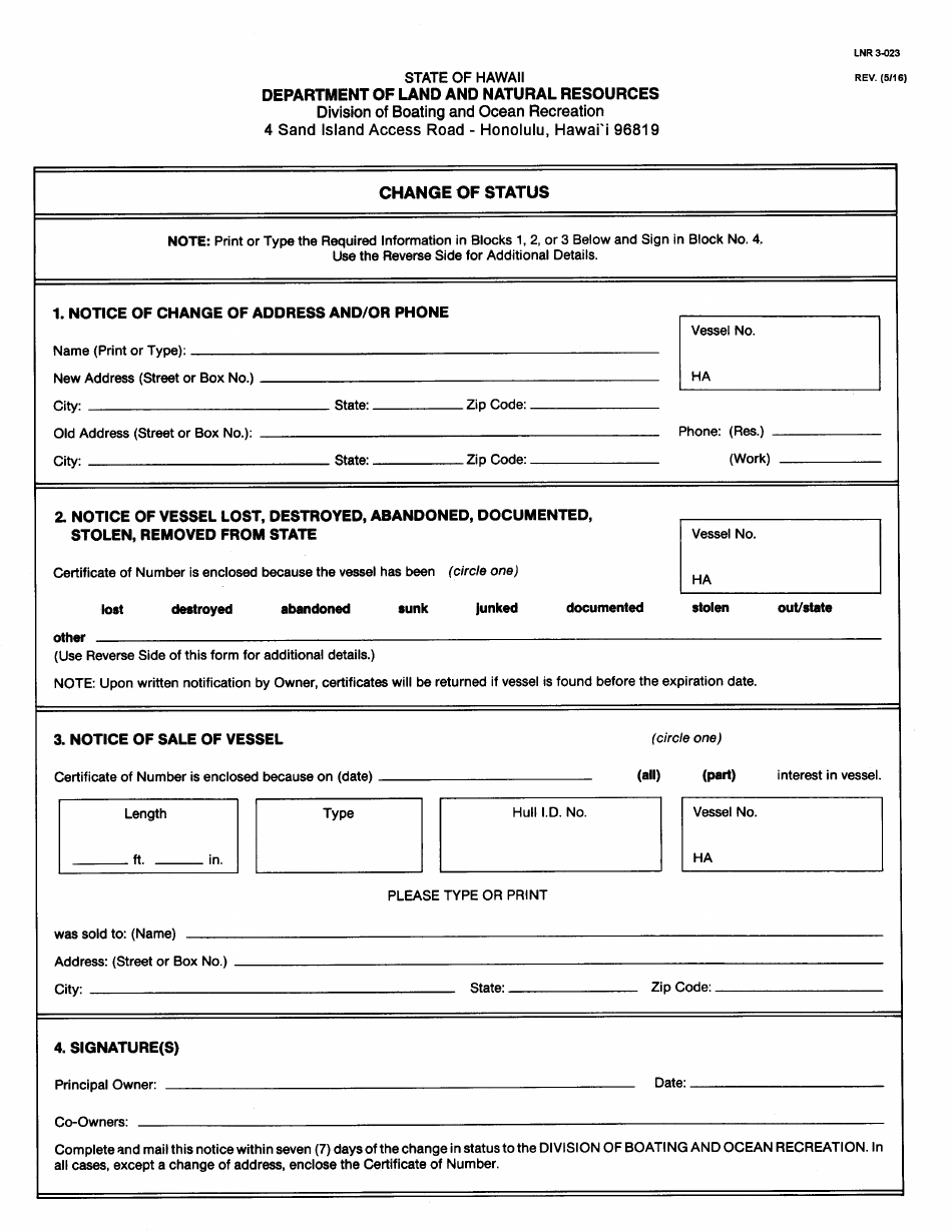Form LNR3-023 Change of Status - Hawaii, Page 1