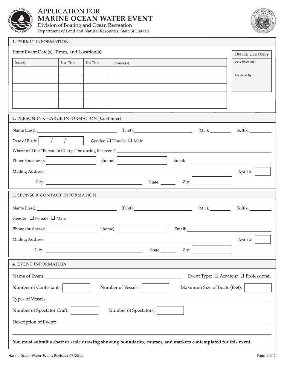 Hawaii Application for Marine Ocean Water Event Kaua'i and Maui Districts Fill Out, Sign