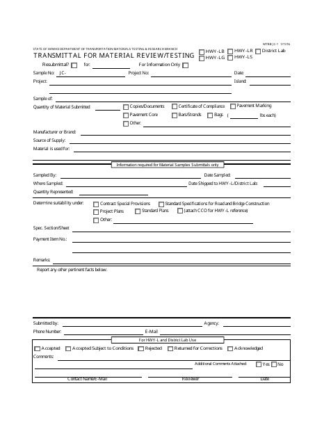 Form MTRB JC-1 Transmittal for Material Review/Testing - Hawaii