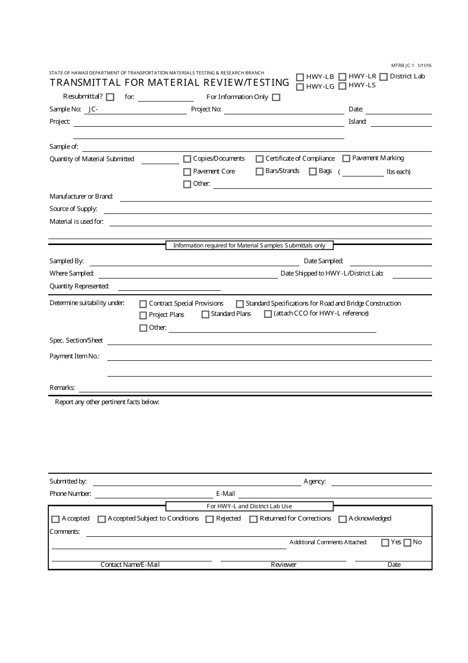 Form MTRB JC-1 Transmittal for Material Review / Testing - Hawaii, Page 1