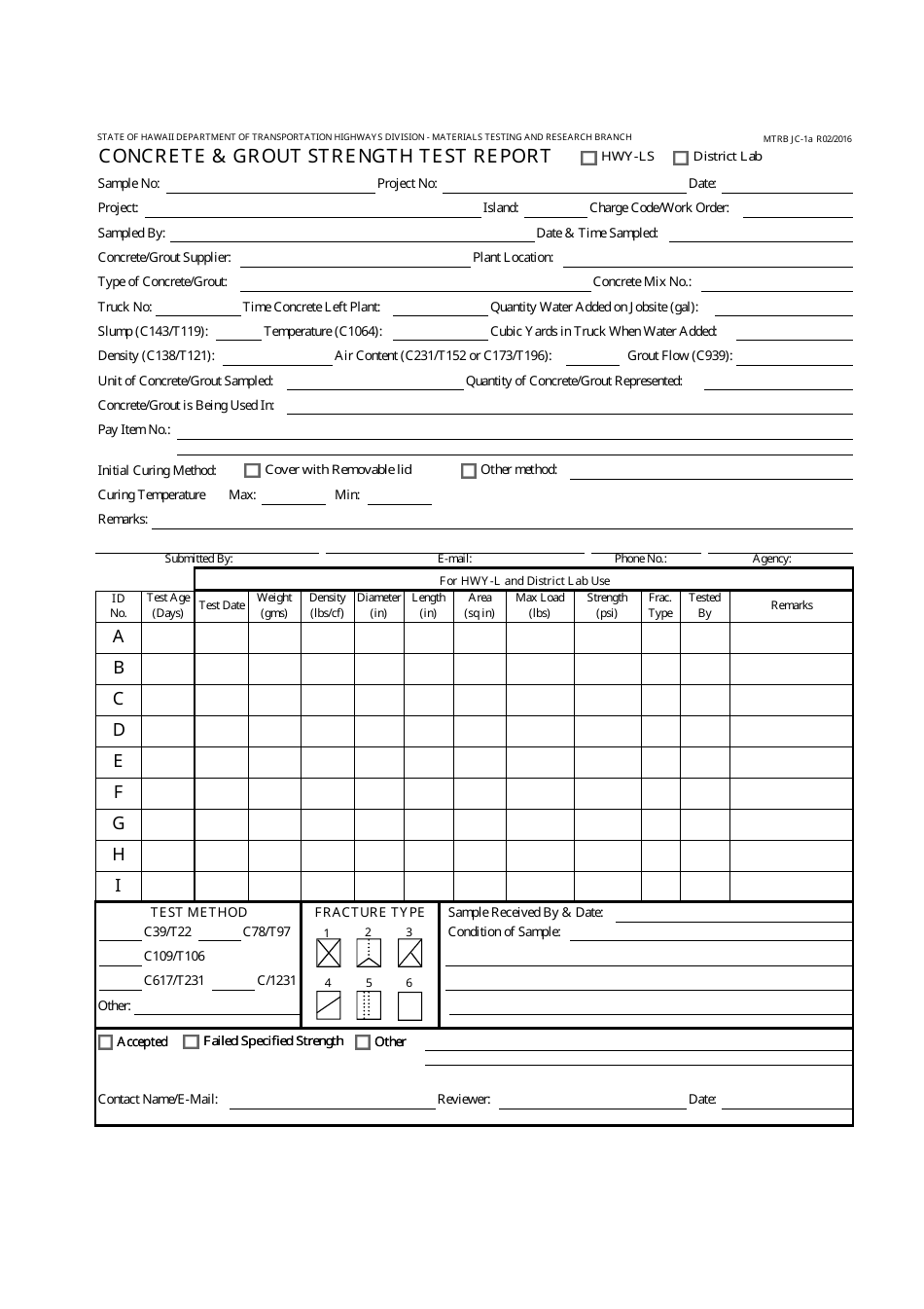 Form MTRB JC-1A Concrete  Grout Strength Test Report - Hawaii, Page 1