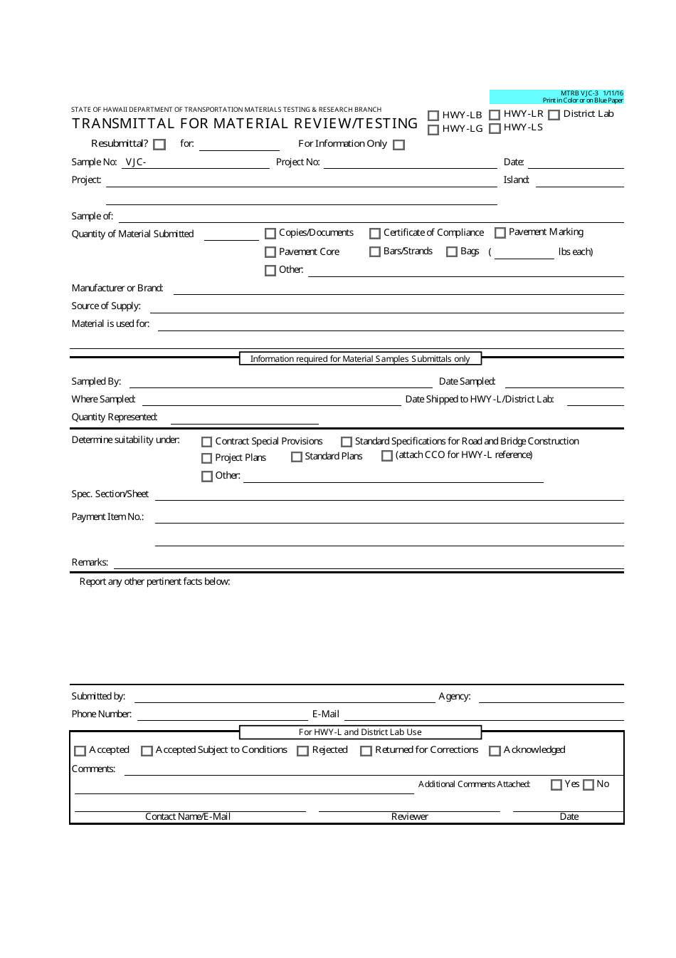 Form MTRB VJC-3 Transmittal for Material Review / Testing - Hawaii, Page 1