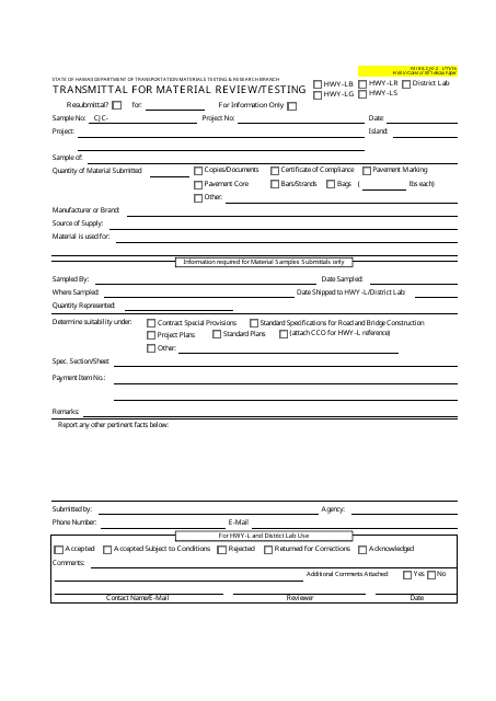 Form MTRB CJC-2 Transmittal for Material Review/Testing - Hawaii