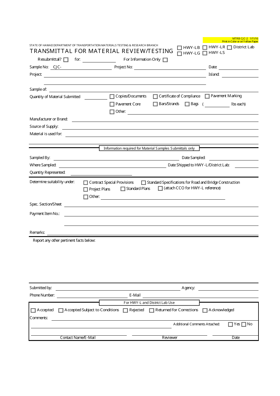 Form MTRB CJC-2 Transmittal for Material Review / Testing - Hawaii, Page 1