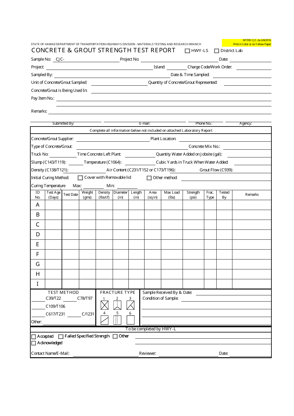 Form MTRB CJC-2A Concrete  Grout Strength Test Report - Hawaii, Page 1