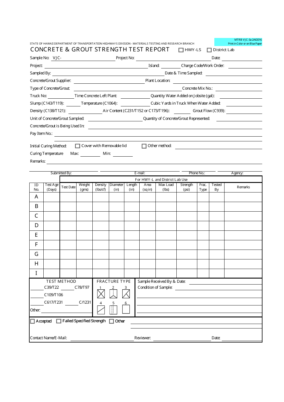 Form MTRB VJC-3A Concrete  Grout Strength Test Report - Hawaii, Page 1