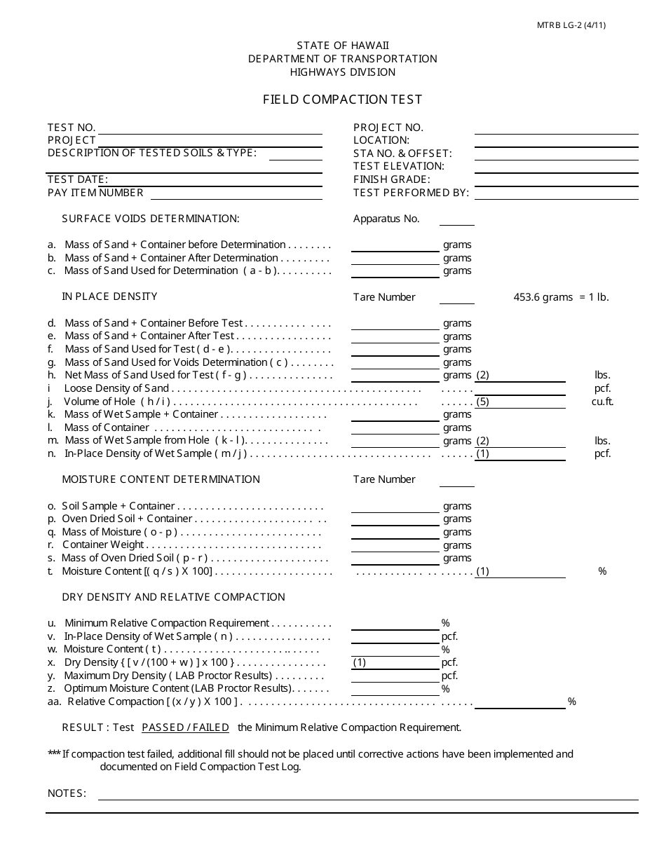 Form MTRB LG-2 Field Compaction Test Form - Hawaii, Page 1