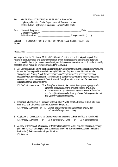 Form MTRB MC Request for Letter of Material Certification - Hawaii