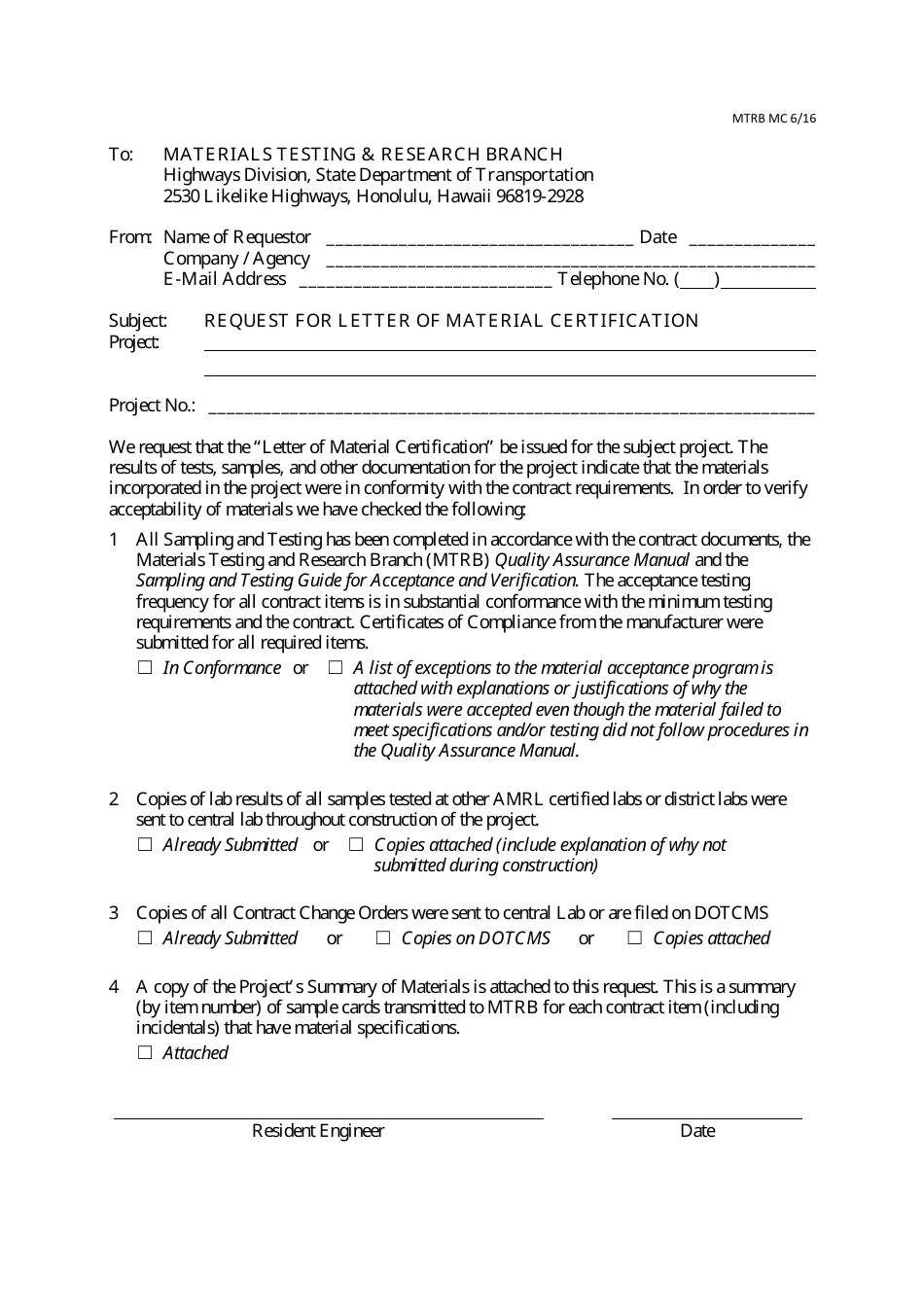 Form MTRB MC Request for Letter of Material Certification - Hawaii, Page 1