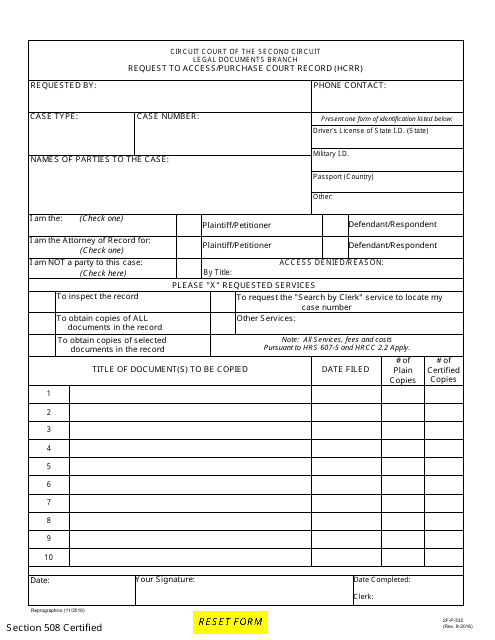 Form 2F-P-332 Request to Access/Purchase Court Records (Hccr) - Hawaii