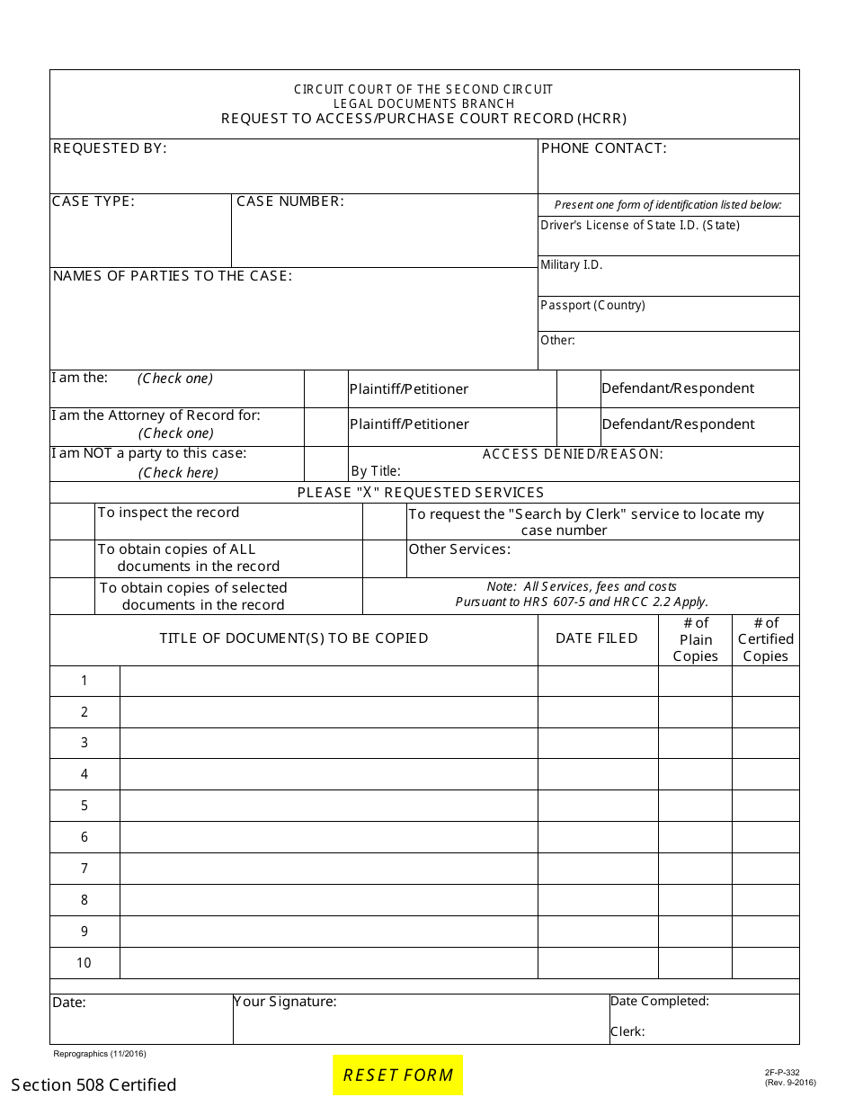 Form 2F-P-332 Request to Access/Purchase Court Records (Hccr) - Hawaii, Page 1