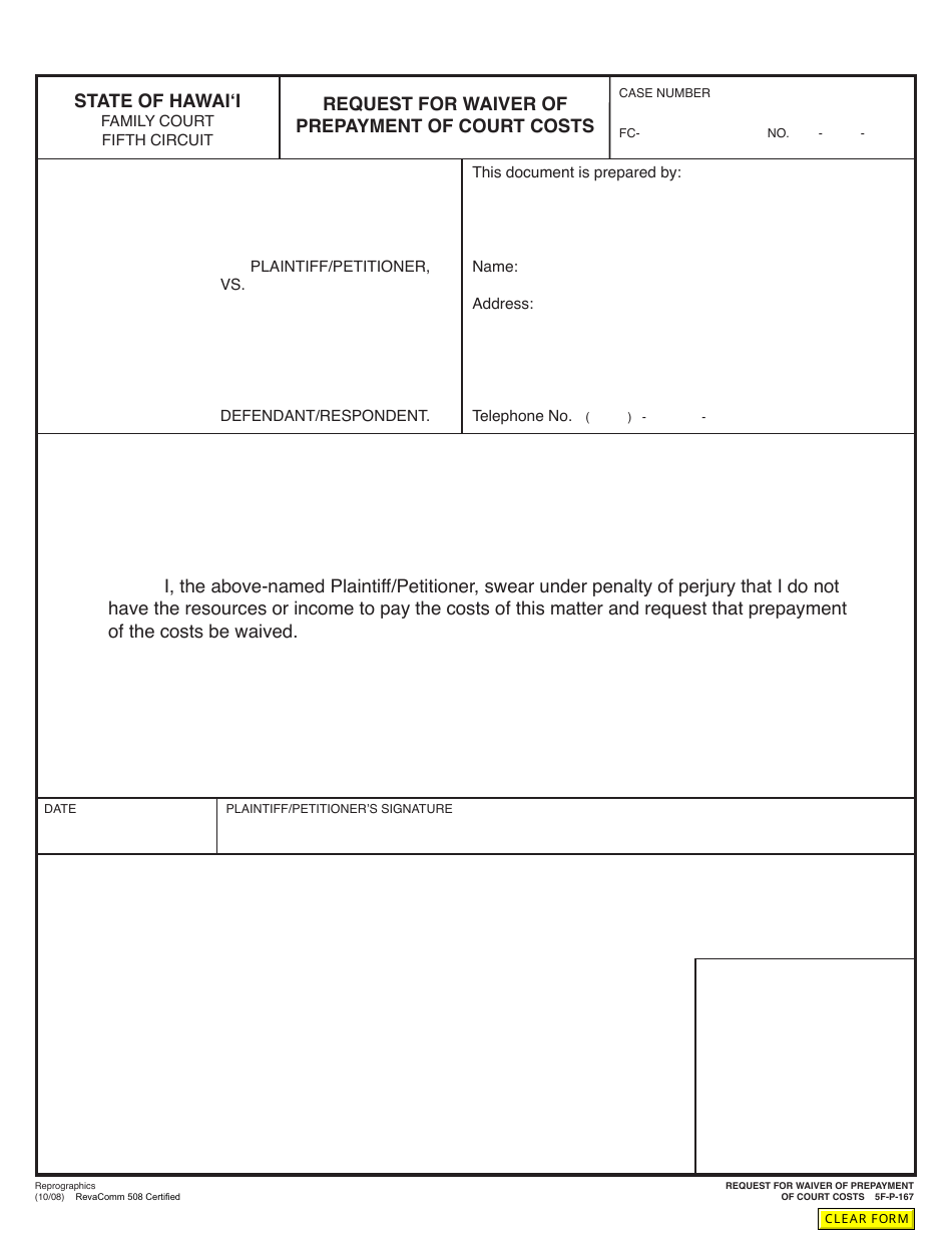 Form 5F-P-167 Request for Waiver of Prepayment of Court Costs - Hawaii, Page 1
