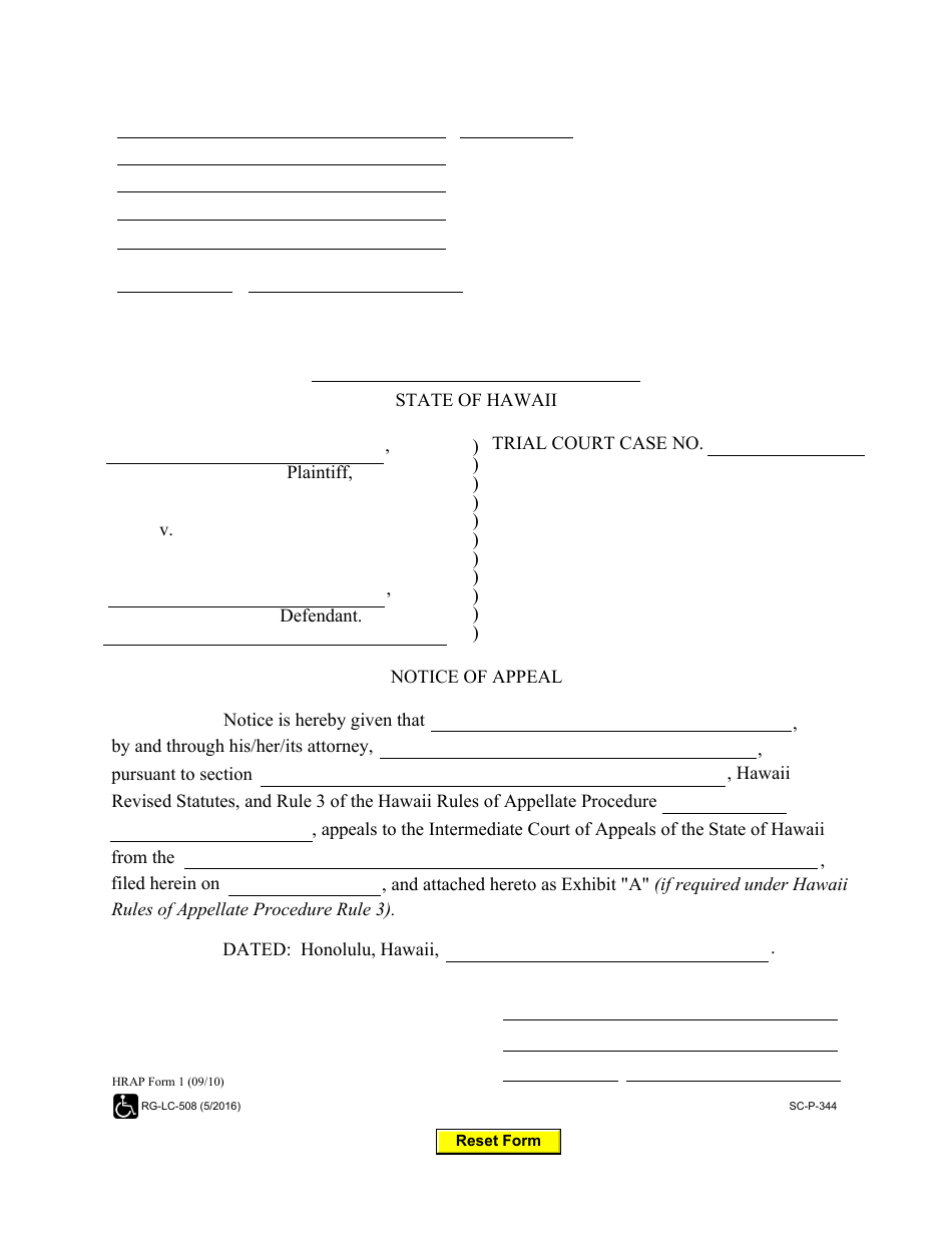 HRAP Form 1 Notice of Appeal - Hawaii, Page 1