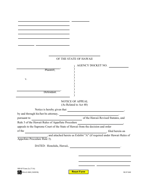 HRAP Form 2A Notice of Appeal (As Related to Act 48) - Hawaii