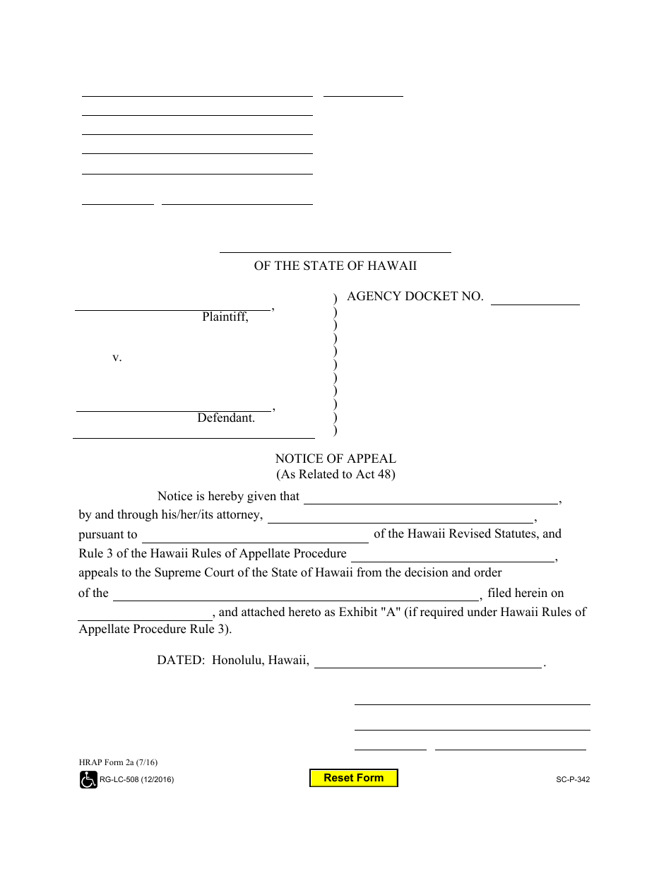 HRAP Form 2A Notice of Appeal (As Related to Act 48) - Hawaii, Page 1