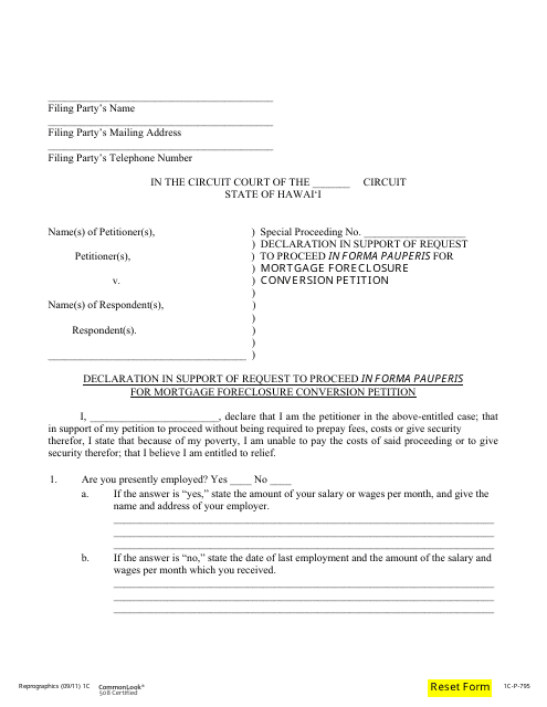 Form 1C-P-795 Declaration in Support of Request to Proceed in Forma Pauperis for Mortgage Foreclosure Conversion Petition - Hawaii