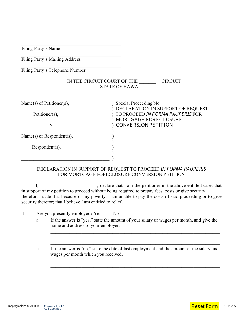 Form 1C-P-795 Declaration in Support of Request to Proceed in Forma Pauperis for Mortgage Foreclosure Conversion Petition - Hawaii, Page 1
