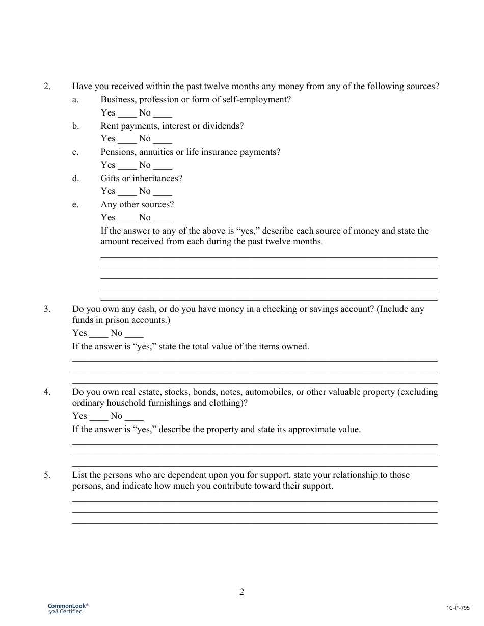 Form 1C-P-795 Declaration in Support of Request to Proceed in Forma Pauperis for Mortgage Foreclosure Conversion Petition - Hawaii, Page 2