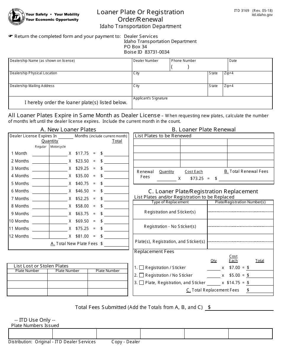 Form ITD3169 Loaner Plate or Registration Order / Renewal - Idaho, Page 1