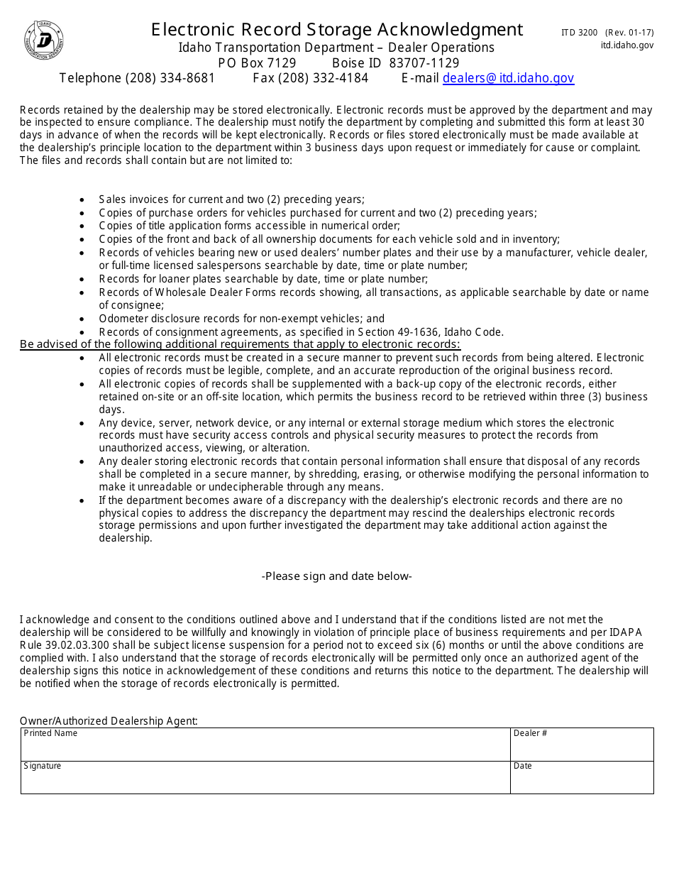 Form ITD3200 Electronic Record Storage Acknowledgment - Idaho, Page 1