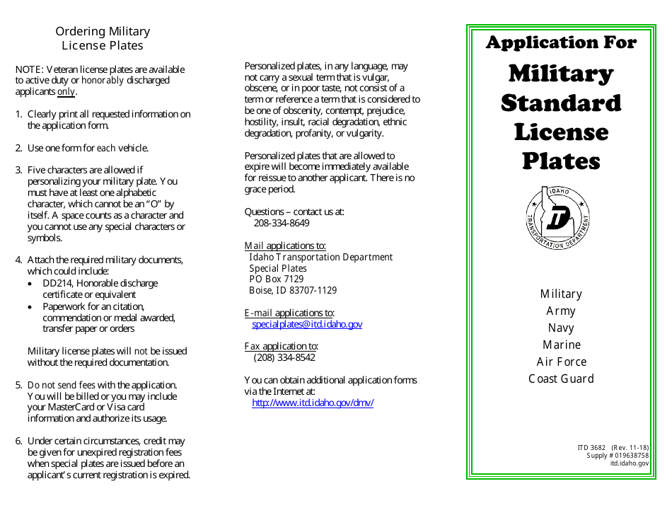 Form ITD3682 Military License Plate Application - Idaho, Page 2