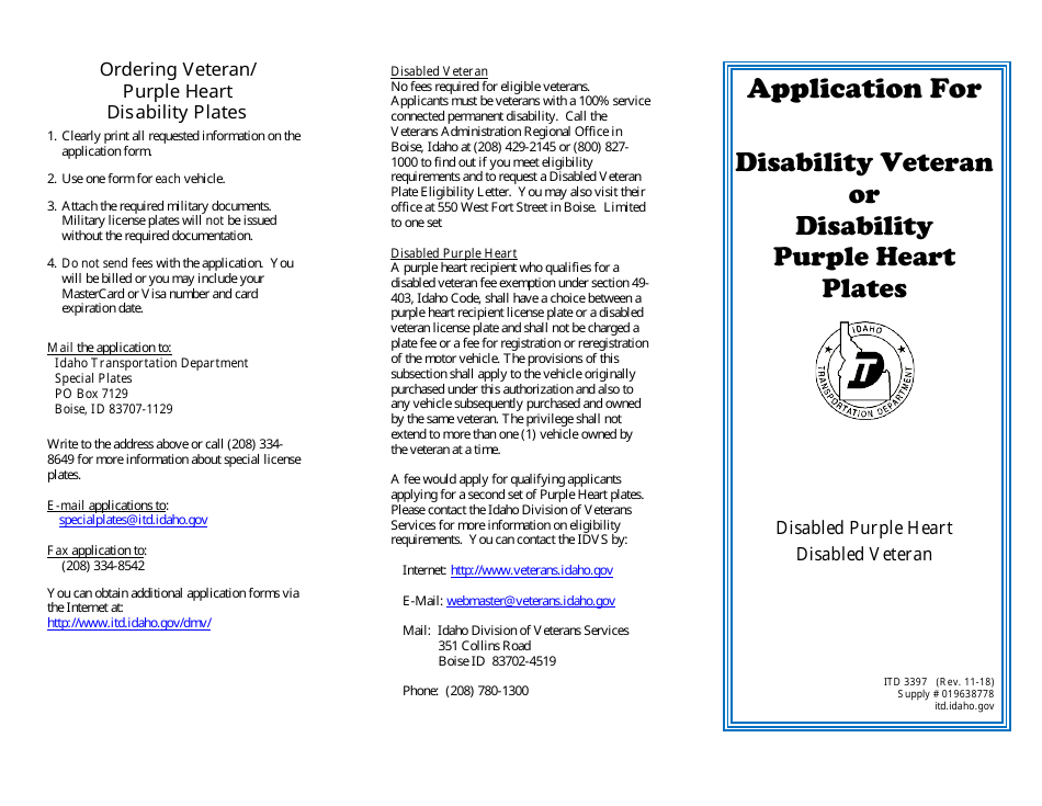Form ITD3397 Disability Veteran or Disability Purple Heart Plates Application - Idaho, Page 2