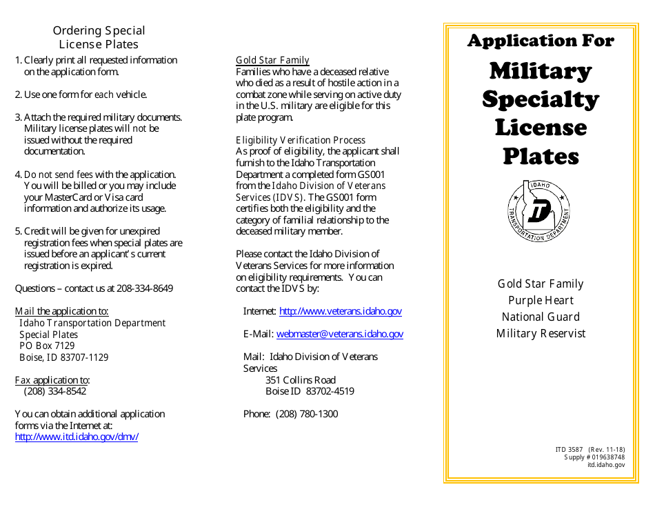 Form ITD3587 Military Specialty Plates Application - Idaho, Page 2