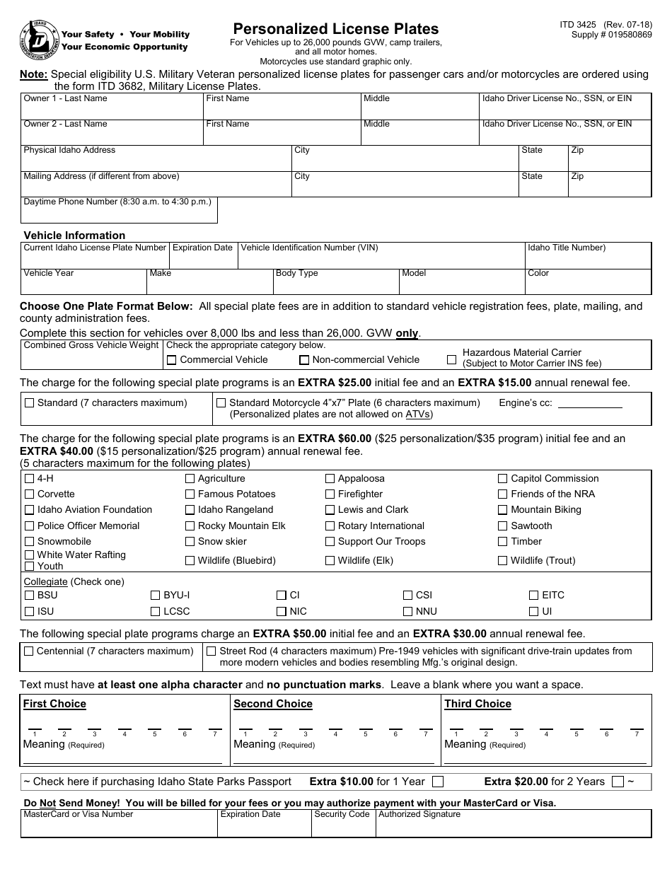 Form ITD3425 - Fill Out, Sign Online and Download Fillable PDF, Idaho ...