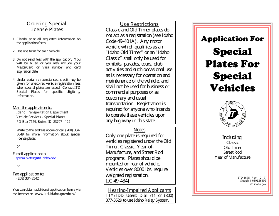 Form ITD3675 Special Plates for Special Vehicles - Idaho, Page 2