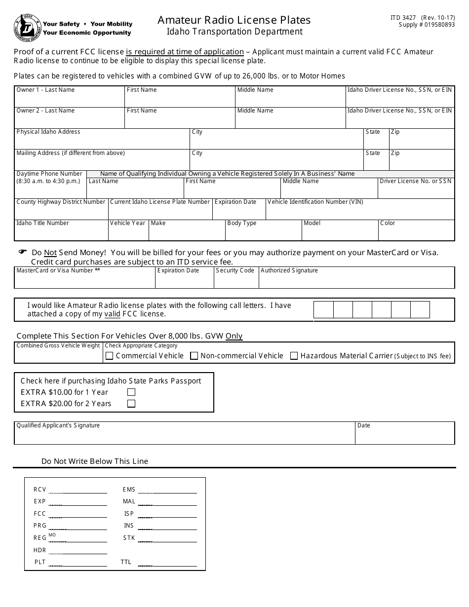 Form ITD3427 Amateur Radio License Plates - Idaho, Page 1