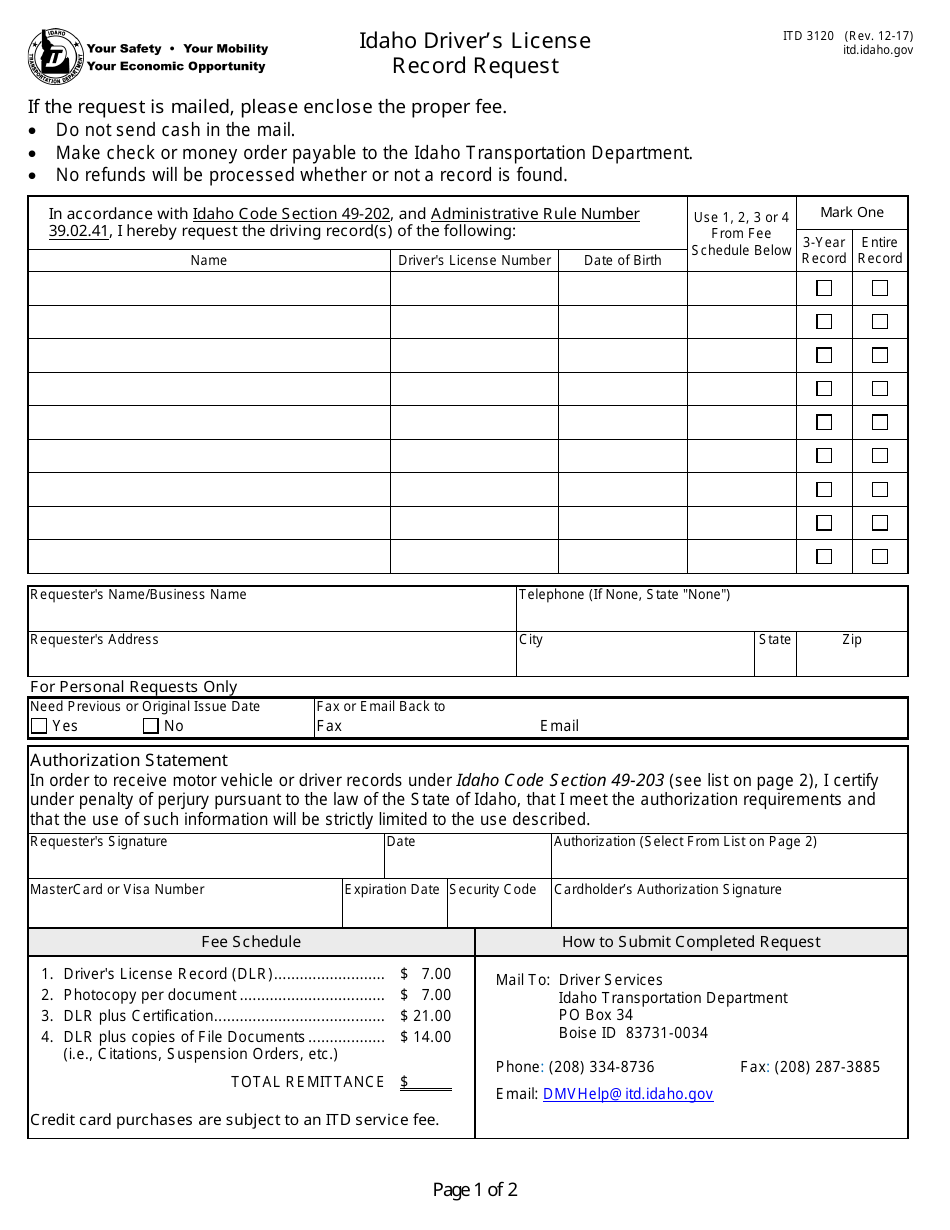 Form ITD3120 Fill Out, Sign Online and Download Fillable PDF, Idaho Templateroller