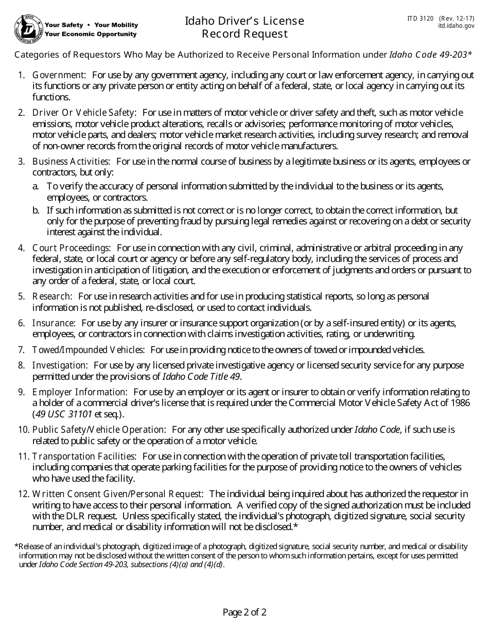 Form ITD3120 Idaho Drivers License Record Request - Idaho, Page 2