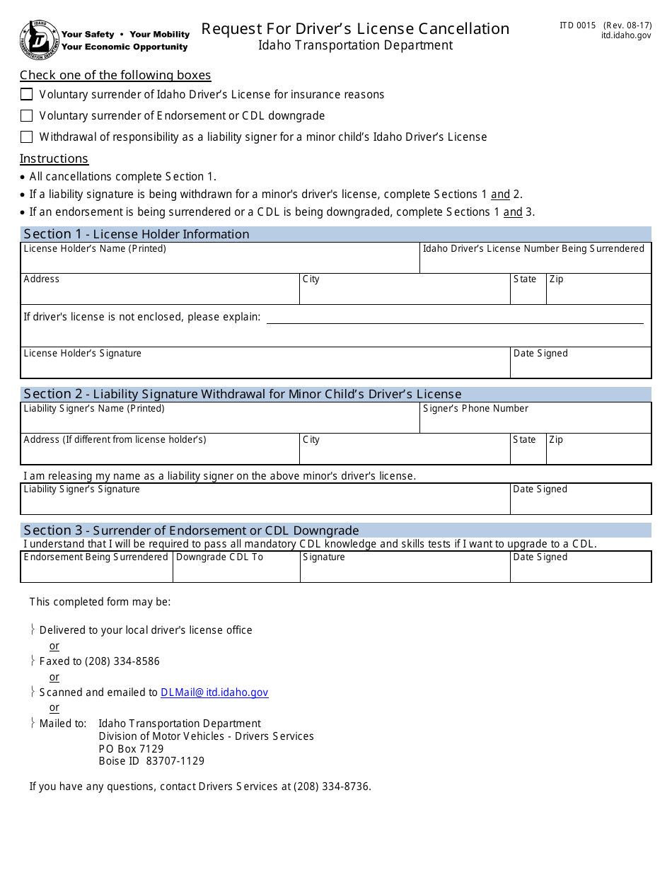 Form ITD0015 Request for Driver's License Cancellation - Idaho, Page 1