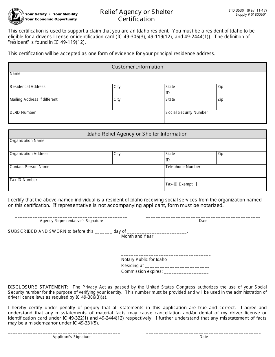 Form ITD3530 Relief Agency or Shelter Certification - Idaho, Page 1