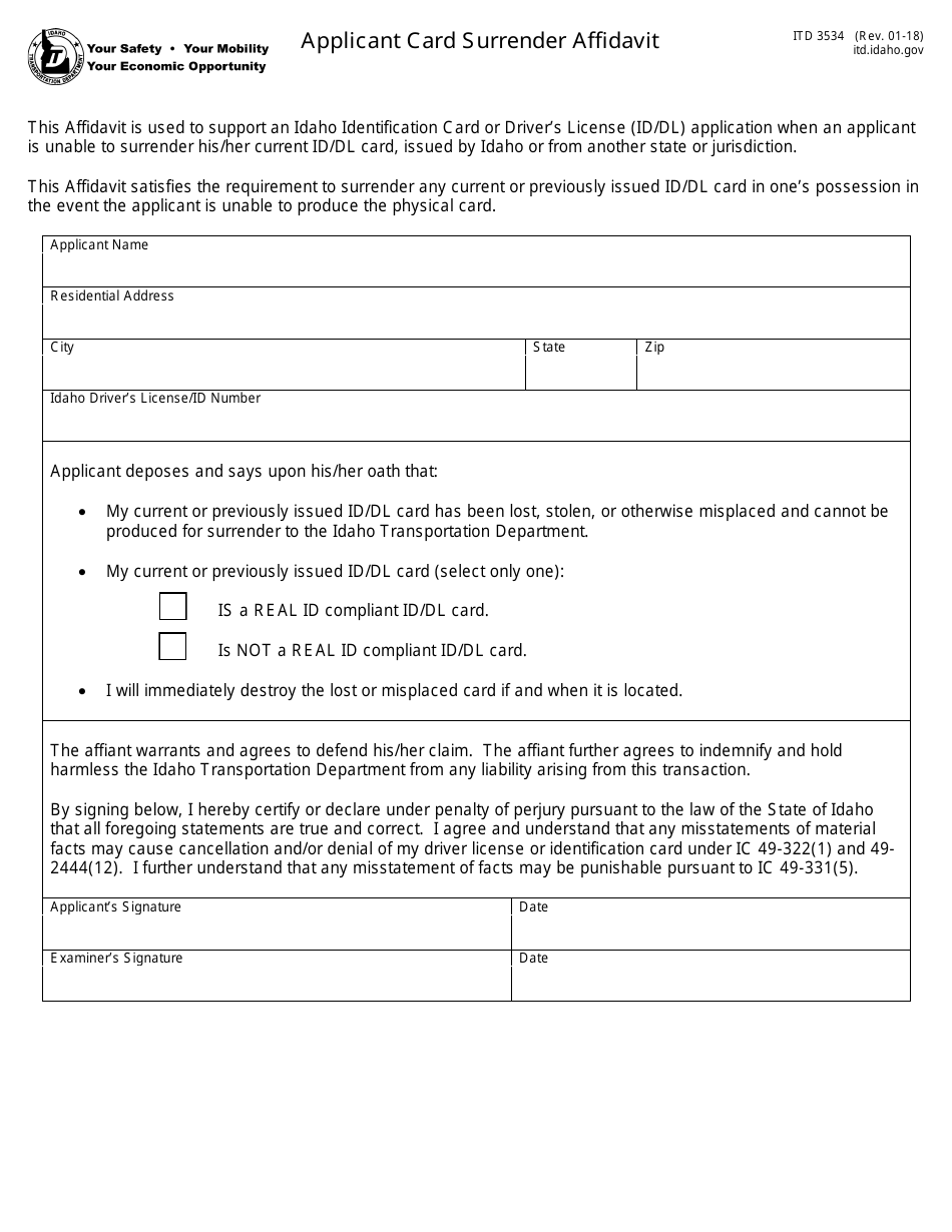 Form ITD3534 Applicant Card Surrender Affidavit - Idaho, Page 1